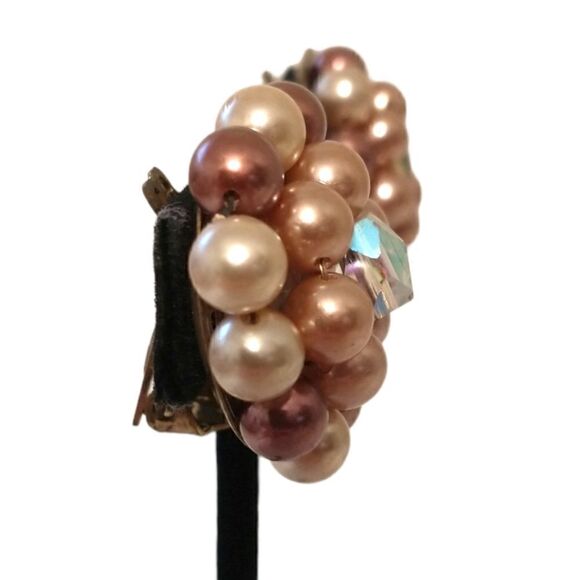 Faux Pearl Cluster Earrings Beaded AB Crystals Clip On Japan MCM Purple Pinks - Picture 4 of 16
